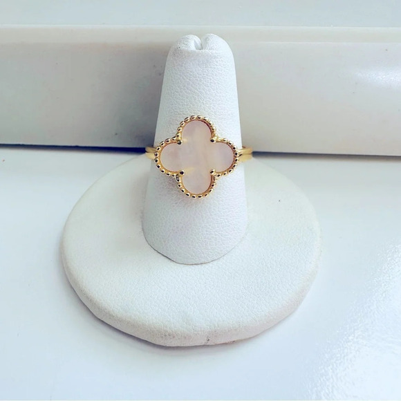 18K Gold Plated Four Leaf Clover Mother Of Pearl Adjustable Ring - Picture 1 of 6